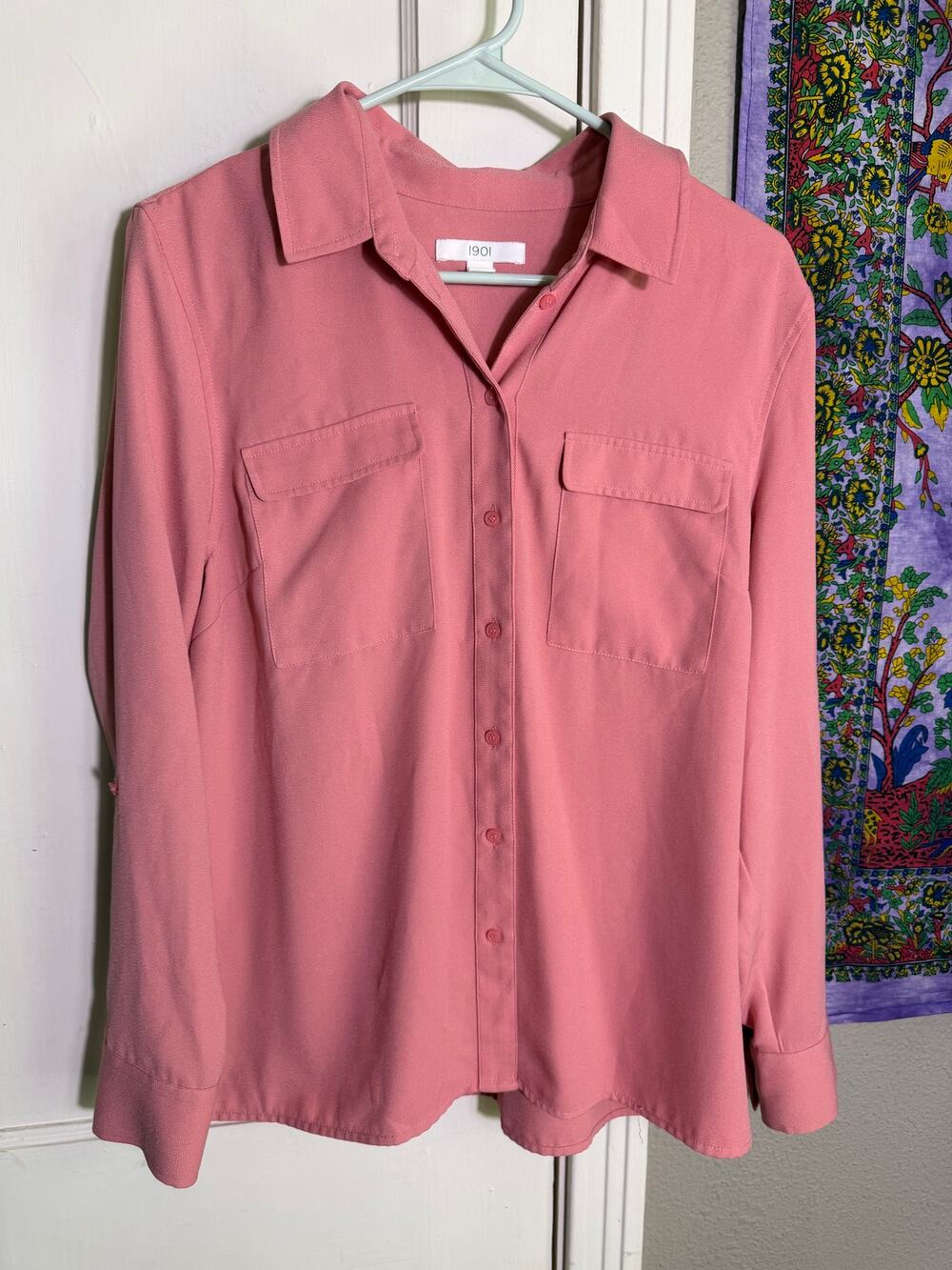 1901 Womens Medium Dusty Rose Pink Button Up Blouse Long Sleeve Pocket Shirt